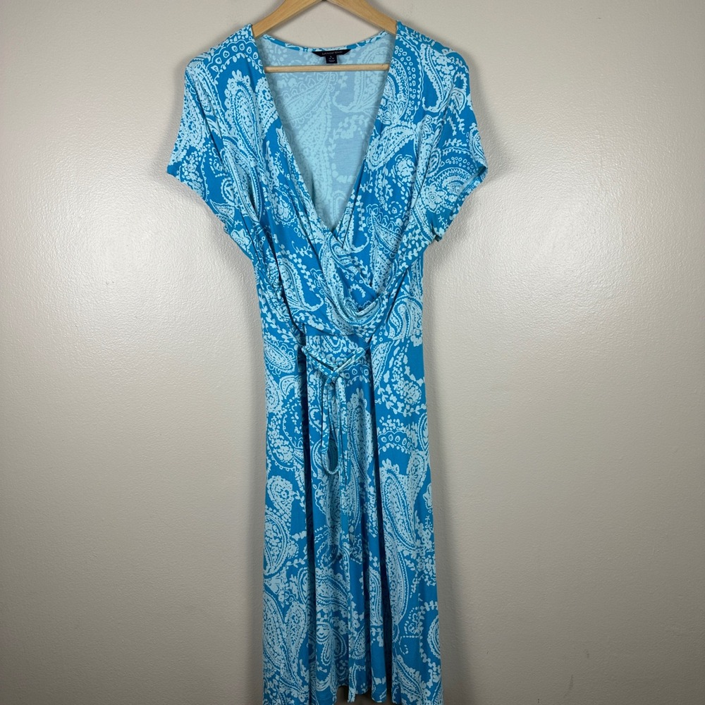 Lands' End Women's 14-16 Faux Wrap Dress Blue Paisley Short Sleeve V-Neck